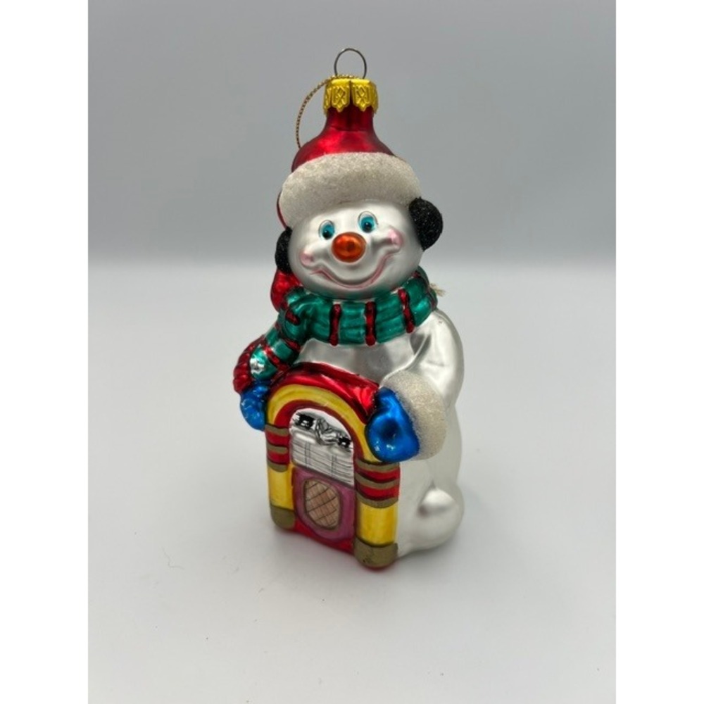 Vintage Snowman Retro Jukebox Glass Christmas Ornament Santa Hat 5.25in 1990's - Picture 2 of 12